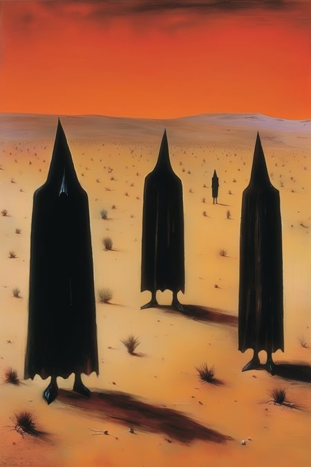 <lora:Sidney Nolan Style:1>Sidney Nolan Style - album cover of hooded figures in a desert