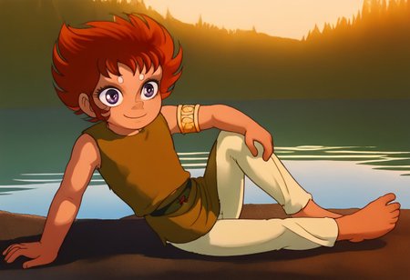 score_9, score_8_up, score_7_up, score_6_up, saintkiki, young, cute boy, male, spiky red-orange hair, large purple eyes, two purple markings on forehead, 1boy, solo, sleeveless tunic, black belt with buckle, golden arm bracelet, white pants, barefeet, beautiful eyes, expressive eyes, androgynous, beautiful face, wet clothes, , great lake background, aid291, smiling, sweet, petite, cute