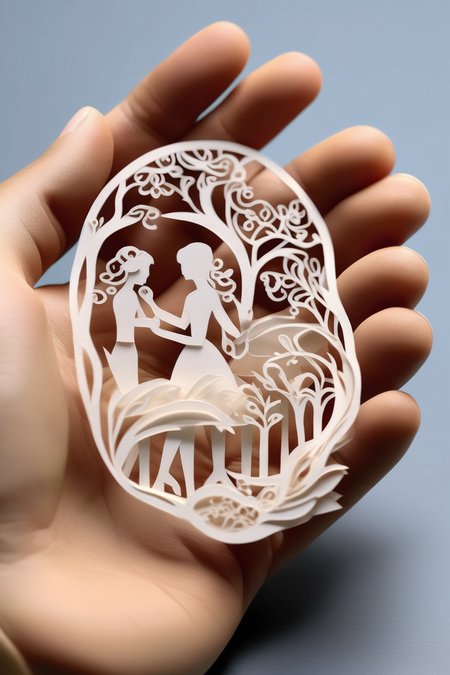 <lora:KIRIGAMI:1>KIRIGAMI - Create an image of a hand holding a flawless paper craft with intricate details, perfectly secured with the high-quality glue from the product line. Show the precision in the craft and the strength of the bond.