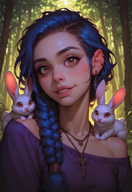 score_9_up, score_9, score_8_up, score_8, score_7_up, score_7, zPDXL3, g0th1c, morimee_style, cute face, colorful, photorealistic, 1girl, solo, blue hair, brown eyes, excited, ear piercing, necklace, charm, braided ponytail, hair over shoulder, off shoulder, purple shirt, rabbit, too many rabbits, standing, looking at viewer, forest, colorful background, portrait, source_cartoon, rating_safe