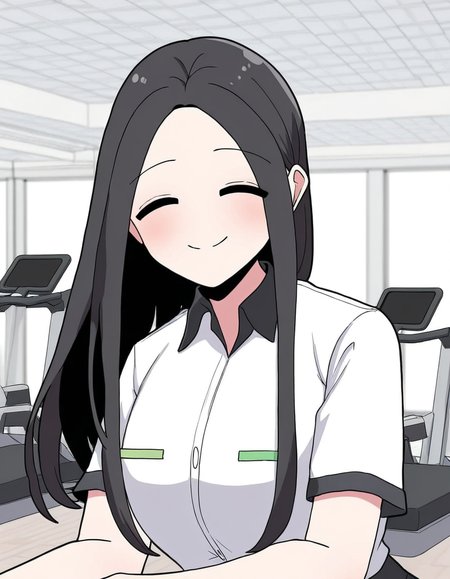 masterpiece, best quality, newest, absurdres, highres, safe,, <lora:yoo-jae-kyung-manhwa-illustriousxl-lora-nochekaiser:1>, yoo jae-kyung, long hair, large breasts, black hair, closed eyes, forehead,, skirt, shirt, white shirt, short sleeves, collared shirt, black skirt, pencil skirt, office lady,, gym, weights, treadmill, mirrors, exercise, smile, head rest, looking at viewer, solo,, cowboy shot, solo