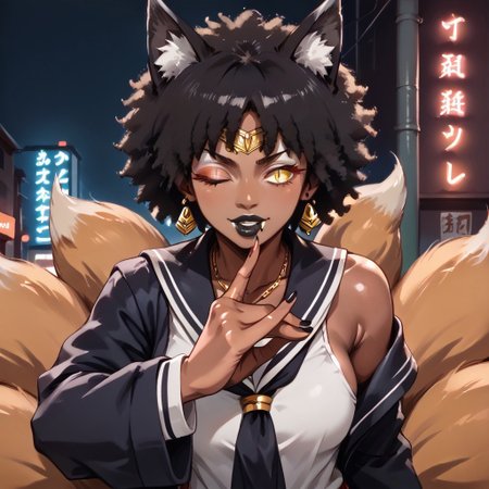safe_pos, (score_9), score_8_up, score_7_up, 
anime
1girl, 
(dark brown skin, beautiful, black hair, curly hair (large round afro: 1.4), (((Kitsune)), sexy female fox goddess, Fox ears, ((fox tail)), large tail, (nine tails), (multiple tails), saddle brown tails, black fur tips: 1.6), (yellow eyes, slit pupils: 1.4), (glowing eyes: 0.8), teeth with fangs, black claws,
(huge boobs, huge ass, sexy, thick thighs), black lipstick, silver jewelry, necklaces, (off shoulder sailor scout uniform, sailor senshi uniform), relaxed, pudgy:0.8, larger female, much larger female, giant female, extreme size difference, fox shadow puppet one eye closed, tongue out, black hole behind tails,
shibuya, street, sparks
g0th1c, glowing, neon lights, glowing eyes,