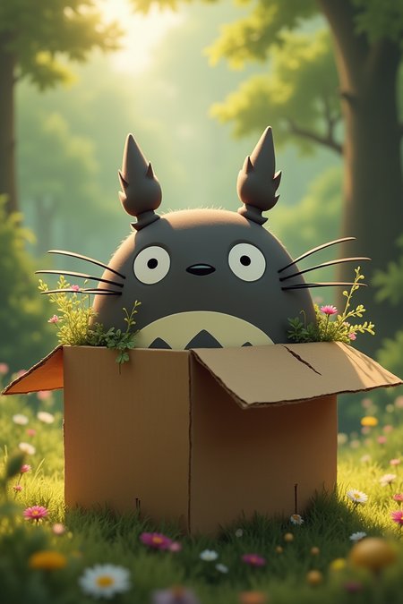 A whimsical scene of Totoro's curious face peeking out from a worn cardboard box. The box's flaps are slightly ajar, revealing the forest spirit's endearing expression. Soft light filters through the cardboard, casting a warm glow on Totoro's gentle features. In the background, a blurred forest landscape is visible, with trees and flowers seemingly bursting forth from the box itself.