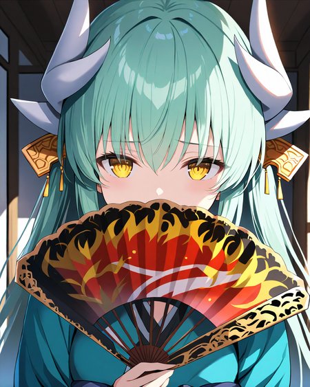 KiyohimeFateGrandOrder,
KiyohimeBR1stAscension,
1girl, solo, upper body,
long hair, straight hair, green hair,
yellow eyes,
horns, hair ornament,
holding fan, hand fan, covering mouth,
green kimono, obi,
room,
<lora:kp_KiyohimeFateGrandOrderAnimagineXL_v1_0:1.0>,
BREAK
masterpiece, best quality, absurdres, 
ultra-detailed, moody lighting,
depth of field,