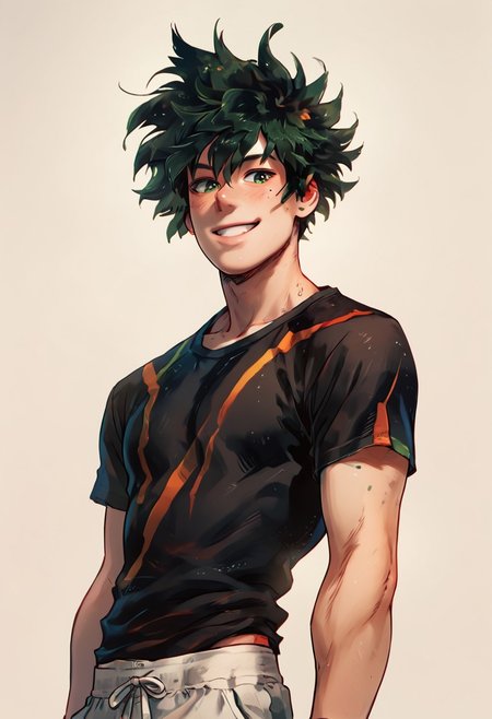 score_9, score_8_up, score_7_up, Bakusidekusstyle, a man, green hair, green eyes, short hair, standing, white background, smile, detailed, high quality, master quality