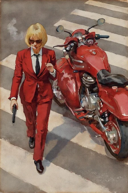 johnsingersargent3 painting. 
 Overhead shot of an Blonde woman walking away from a futuristic motorcycle parked at a zebra crossing. The woman has bob hair, is smoking. She wear a red business suit, white shirt, black tie, and sunglasses. She holds a gun with a confident grip. The motorcycle itself is red, sleek and metallic, with intricate designs and a futuristic vibe  <lora:johnsingersargent3_cap_d8a4e12:1.0><lora:859974446105027321:0>