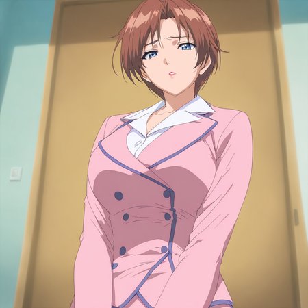 solo,looking at viewer,upper_body,masterpiece,high score,great score,absurdres,anime coloring,<lora:Ayano_Kashiwagi ag4o v1:1> ayano_kashiwagi, brown hair, short hair, blue eyes, mature_female,skirt suit,long sleeves,