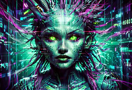 Glitch flickering, distorted glitchy image, digital, glitch style, humanoid figure, focus on face, disembodied head, evil, slit pupils, shodan, glowing yellow-green eyes, background is a mixture of purple and cyan, nebulas formed out of digital code and numbers, star systems formed from numbers, digital data and wires running in the background