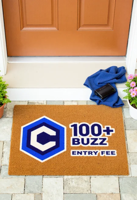 <lora:Welcome_Mat_Manufacturer_FLUX-000023:0.9>  <lora:civitaiLogoFlux:0.9>
The image is a photograph of a small outdoor entrance area, featuring a doormat with a humorous design. The doormat is rectangular and made of a textured, brown, coir material. It has a vibrant, whimsical design with the civitaiLogo and  text "100 Buzz Entry Fee"