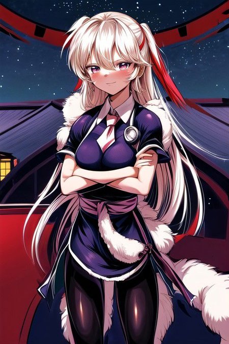 best quality 1girl Setsun4 solo long hair,  (night time) forest background black hair very long hair purple eyes multicolored hair armor, small, (fur trim) (medium body),<lora:EMS-179-EMS:0.800000>,<lora:EMS-293862-EMS:0.800000> bow, hair_bow, hair_tubes, red_bow, brown_hair, long_hair, bangs, ascot, frilled_bow, yellow_ascot, blush, smile, hair_between_eyes, athletic, armor, miko, strengthmda, crossed arms, Smiling, happy