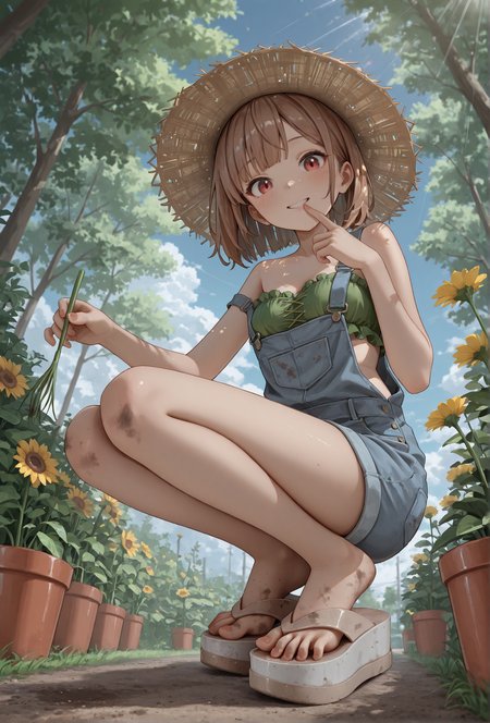 masterpiece, best quality, 
(mlsa flip flops), (platform footwear:1.2),
dirty shoes, dirty feet, (tiptoe:1.2), (spread toes:1.1),
finger on lips, curious, looking at viewer,
low angle, foot focus,
1girl, 
squatting,
straw hat, gardening, outdoors, dappled sunlight,
short denim overalls, strap slip, green frilled bandeau top,
medium breasts, 
happy, cute face,