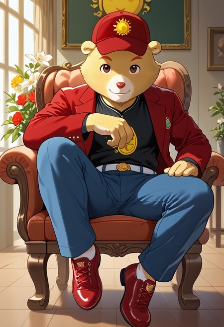 male, Funshine Bear, furry, yellow fur, sun belly badge, red baseball cap, brown eyes, sitting on a decorative chair, one leg crossed, resting hands on chair back, (elegant:1.3), floral accessories, cheerful expression, bright lighting, indoor setting, stylish, red jacket, black shirt behind, blue pants, red deportive shoes, flower on hand, looking at viewer, romantic, teenager