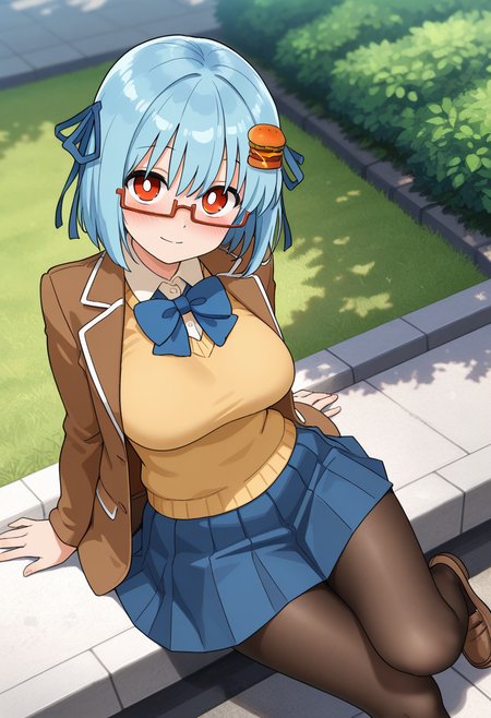 hamburger-chan_(hundredburger), food-themed hair ornament, blue hair ribbon, red eyes, blue hair, short hair, bangs, white pupils, glasses, semi-rimless eyewear, under-rim eyewear, red-framed eyewear, breasts,rectangular eyewear,
blue bowtie, school uniform, brown jacket, yellow sweater, blue pleated skirt, pantyhose, loafers,
 <lora:hamburger-chan_(hundredburger)_Illustrious-XL_2.0_v1:1>, masterpiece,best quality,amazing quality, solo,1girl,, sitting, (dynamic_pose),
 blush,closed mouth,light smile, 
looking at viewer,cowboy shot,
(outdoors,  )