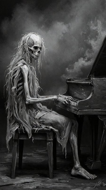 digital drawing in a dark, eerie style. The central figure is a skeletal, emaciated man with hollow, sunken eyes, and long, stringy hair that appears to be matted and unkempt. He is seated at an old, worn-out grand piano, playing the keys with a skeletal hand. The piano is dilapidated, with visible wear and tear, and its keys are slightly out of tune. The man's clothing is ragged and tattered, adding to the overall decrepit appearance. 
The background is a smoky, ethereal mist, which gives the scene a ghostly, dreamlike quality. The mist is rendered in shades of gray and black, blending seamlessly into the dark, shadowy atmosphere. The floor beneath the man is also visible, covered in a dark, uneven surface that suggests it might be dirt or debris. 
The image has a haunting, melancholic tone, with a focus on the contrast between the man's frail, skeletal form and the grandeur of the piano. The overall composition and use of light and shadow create a sense of isolation and despair, making the viewer feel immersed in a dark, unsettling world.,aidmaimageupgrader, aidmaMJ6.1 <lora:aidmaMJ6.1-FLUX-v0.5:0.7> <lora:aidmaImageUprader-FLUX-v0.3:0.4>