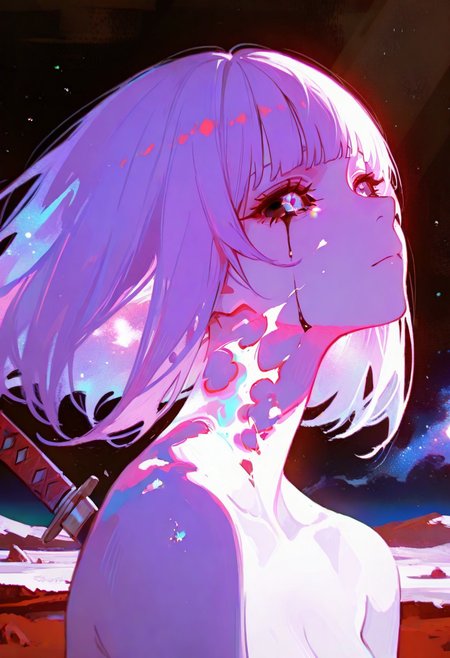 masterpiece,best quality, amazing quality, ((Mars background, on Mars, chromatic aberration, bright galaxy, raytrace)), ((Chiaroscuro Lighting Style, dramatic lighting, drastic contrast)), absurdres, Classical Chinese Brush and Ink,  1space spirit girl, whole body made of space flame, white purple flame body, burning body,  black tears, sad face, hime cut, magenta hair, limited red palette, black sclera, black sclera eyes, spinning, dancing, katana piercing through her Sternum, katana penetrating her Sternum, Sternum stabbed by katana, 1katana, dynamic angles, ((face focus, close up))