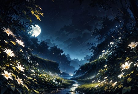 detailed background,( Calm spring night landscape), flower, outdoors, sky, no humans, night, leaf, moon, plant, white flower, scenery, crescent moon, depth of field, masterpiece, best quality, ultra-detailed, very aesthetic, illustration, perfect composition, intricate details, absurdres, moody lighting, wisps of light,