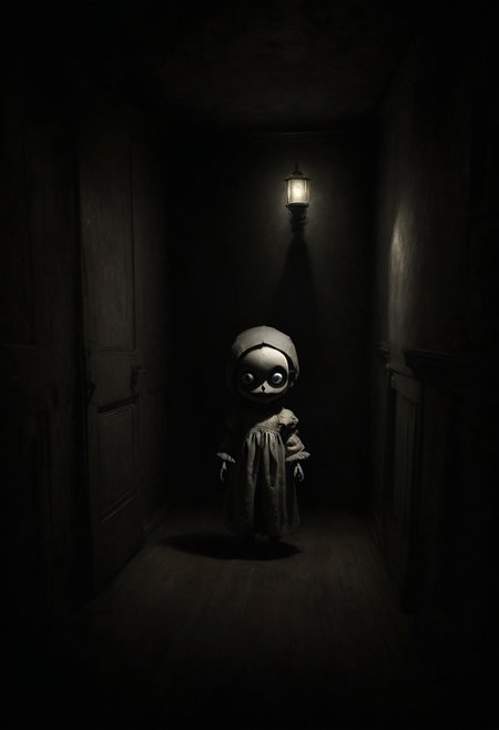 Night room. Creepypasta is a scary entity in the form of a cute, beautiful doll with very large eyes. A creepy look from the shadows. Rembrandt's style. (minimalism: 1), high detail, Greg Rutkowski.