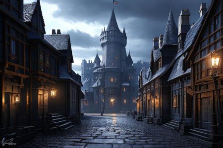 (masterpiece:1.2), (best quality,:1.2), 8k, HDR, ultra detailed, ((photorealistic)), professional light, cinematic lighting, fashion photography, ambient lighting, background, a dark medieval street leading to (a gothic castle on a hill),  Darkness, <lora:Darkness-10:1>,  epiCPhoto,