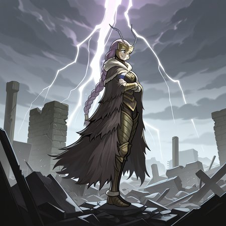 highres, best quality, masterpiece, very aesthetic, newest,1girl,solo,queenbeemon,antenna,purple hair,braided ponytail,hair ornament,green eyes, <lora:QueenBeemonIllustrious:1>,  dark souls,grimdark,apocalyptic,ruins,rubble,dark souls \(series\),full body,standing,cape,arms folded,from side,lightning,storm,clouds,neutral expression