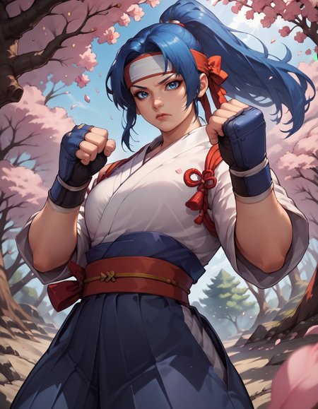 score_9, score_8_up, score_7_up,
1girl, solo,
large breasts,
kasumidg,
blue hair, ponytail, blue eyes,
blue hakama, dougi, headband, fingerless gloves, japanese clothes,
fighting stance, clenched hands, 
cherry blossoms, forest,
from below, looking at viewer, 
 <lora:Kasumi  DG PXL v01-000002:0.90>