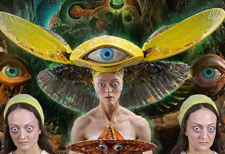 p1c4ss0, 1908 Woman with a Fan, seraphins, mystical creature with hundreds of eyes and wings, roswell alien with yellow christmas hat, delivering presents with santa riding a ufo sleigh, intricate complexity, surreal horror, inverted neon yellow drip paint,