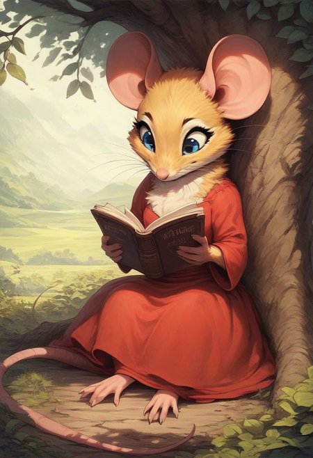 score_9, score_8_up, score_8, solo, (fluffy:0.5), (feral), outdoors, toes, furry, (((mouse))), female, blue eyes, yellow fur, chest, claws, (fluffy cheeks:0.5), (red dress), in the style of beatrix potter, reading, (solo:2), sitting under a tree,