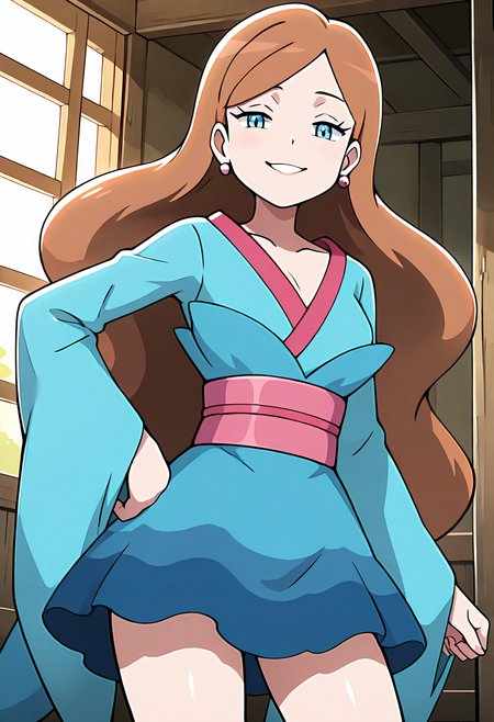 masterpiece, best quality, 1girl, solo, looking at viewer, smile,   zzLinnea, blue eyes, brown hair, long hair, earrings,  blue kimono, sash,  , <lora:LinneaPokemon_IXL_v2:1.0>, cowboy shot, hand on hip, smug, smile, looking at viewer, shiny skin,
