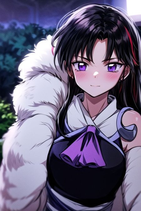 masterpiece,  best quality 1girl Setsun4 solo long hair,  (night time) forest background black hair very long hair purple eyes multicolored hair armor (fur trim) (medium body),<lora:EMS-179-EMS:0.800000>,<lora:EMS-293862-EMS:0.800000> bow, hair_bow, hair_tubes, red_bow, brown_hair, long_hair, bangs, ascot, frilled_bow, yellow_ascot, blush, smile, hair_between_eyes, athletic, armor, miko