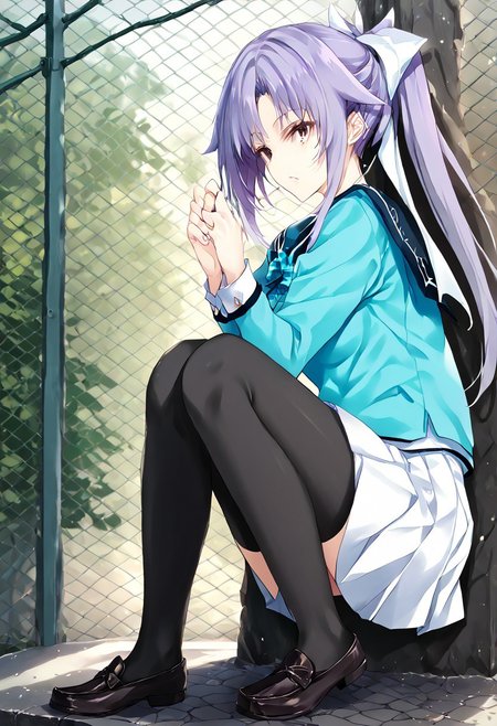 score_9, score_8_up, score_7_up, score_6_up, score_5_up, score_4_up, source_anime, 1girl, solo, 
hime, purple hair, brown eyes, seihuku, light blue uniform, light blue ribbon, white skirt, black_thighhighs, loafers, 
masterpiece, best quality, very aesthetic, absurdres,