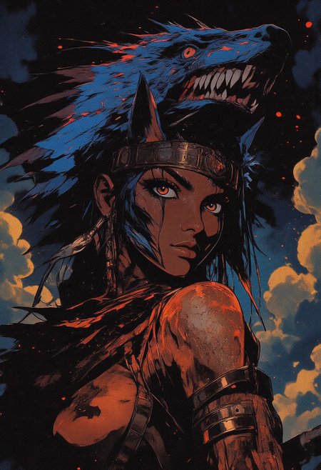 Female aztec warrior, tribal, wolf headdress, spirit energy, energies flowing, war paint, face paint, eye black, glowing eyes, in profile, toned arms, braided hair, large breasts, dark and moody background, adds a dramatic tone, subtle lighting reflections, ray traced, foreshortening, particle effect, Holding a sword,
Arcane power surging through her veins, channeling power,