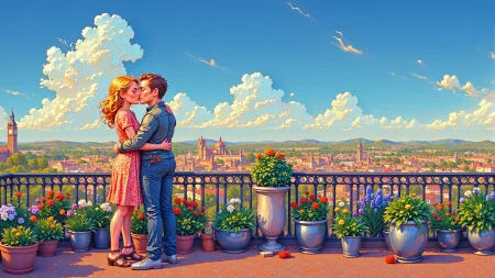 a romantic kiss on a rooftop terrace beautiful  landscape, early morning, woman, very intricate, very detailed, sharp, bright, colorful, <lora:Hand v2:0.5> <lora:Anti-Blur:1><lora:Insane Detail Slider:0.25>  <lora:flux.1_lora_flyway_Epic-detail_v2:0.3> <lora:fluxenhancer:0.25> <lora:Saturday_Morning_Cartoon_Style_FLUX:1> Cartoon Style