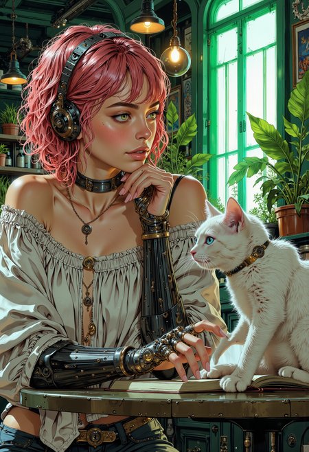 In futuristic coffee shop, a young woman with striking short pink hair and playful bangs sits thoughtfully at a sleek, glass-topped table. The glowing backdrop of the room is adorned with vibrant green neon lights, casting an otherworldly aura that dances across her delicate features. Dressed in a stylish mix of casual and avant-garde, she sports an oversized white off-shoulder top that subtly highlights her collarbones, offering a tantalizing glimpse of her skin. Her mechanical prosthetic arm and hand, a marvel of cybernetic engineering, gleams with intricate designs and polished chrome, hinting at advanced technology and blending seamlessly with her aesthetic. At the table beside her, a fluffy white kitten with striking azure eyes curiously observes her, its tiny paws resting adorably against the glass as it tilts its head, captivated by her presence. She wears an elegant silver pendant around her neck, catching the light and twinkling like a distant star. Potted plants add a splash of life, their lush greenery contrasting with the bold neon hues., f4nt4st1c<lora:Flux/Fantastic Realism - s0_8 g4.safetensors:0.8:0.8> <lora:Flux/MysticFantasy.safetensors:0.8:0.8>