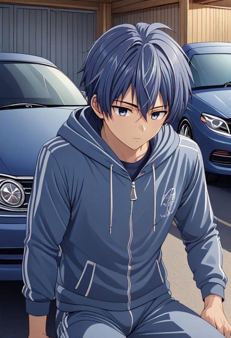 high resolution, solo, best quality, 1Boy, Tomoya Okazaki, Grey Blue Hair, lounge suit, hoodie, car garage, OverallDetail