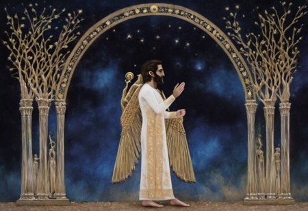 moon cycle arches above Cyrus the great in a long white dress, gold scrollwork, novuschroma style