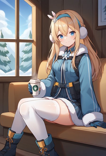 <lora:Suomi-05:1>, suomi, long hair, blue eyes, hairband, blonde hair, snowflake hair ornament, gloves, suomi (girls' frontline), fur trim, blue hairband, hair between eyes, jacket, white thighhighs, boots, long sleeves, smile, indoor, holding, coffe, cup, coffee cup, cabin, couch, sitting, window, forest outside, snow outside,, score_9, score_8_up, score_7_up, source_anime,