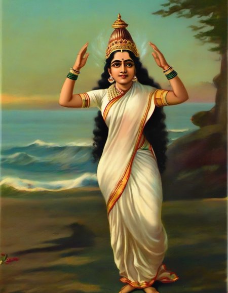 painting of serene ocean goddess emerging from the ground in the style of Raja Ravi Varma <lora:Raja_Ravi_Varma_Style_SDXL_LoRA:1>