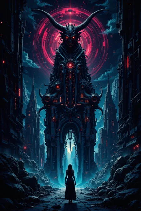 demonic city,beautiful misterious futuristic sci-fi cyberpunk landscape, bright luminous night, woman, very intricate, very detailed, sharp, colorful, <lora:Hand v2:0.5> <lora:Anti-Blur:1><lora:Insane Detail Slider:0.25>  <lora:flux.1_lora_flyway_Epic-detail_v2:0.3> <lora:fluxenhancer:0.25><lora:The_Dark_Side_Of_The_Future:0.4><lora:Neurocore Anime Cyberpunk v2.0:0.5> A digital artwork in the style of cknc