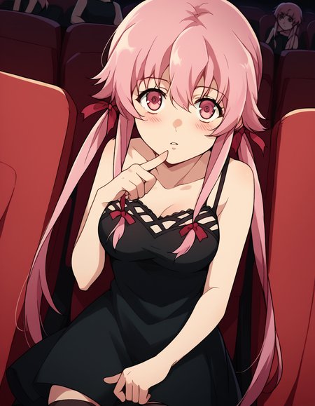 score_9, score_8_up, score_7_up, source_anime, <lora:yuno-gasai-s1-ponyxl-lora-nochekaiser:1>, yuno gasai, long hair, pink hair, pink eyes, sidelocks, ribbon, red ribbon, hair ribbon, twintails, medium breasts, thighhighs, dress, bare shoulders, black dress, black skirt, sleeveless, sleeveless dress, spaghetti strap, collarbone,, movie theater, screen, seats, popcorn, film, , <lora:x-fingers-ponyxl-lora-nochekaiser:1>, x fingers, blush, parted lips,, looking at viewer, solo,, dutch angle, cowboy shot