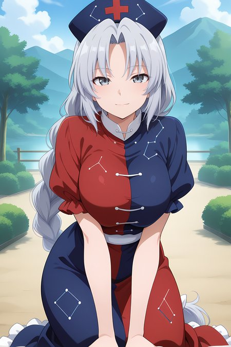 absurdres, highres, masterpiece, best quality, amazing quality, official anime artwork, screencap, anime screencap, outdoors, light smile, looking at viewer, dynamic pose,
 <lora:Eirin-Yagokoro_Illustrious:1> yagokoro eirin, 1girl, solo, grey eyes, grey hair, very long hair, braided ponytail,, nurse cap, constellation print, multicolored dress, red dress, blue dress, puffy short sleeves, frilled dress,