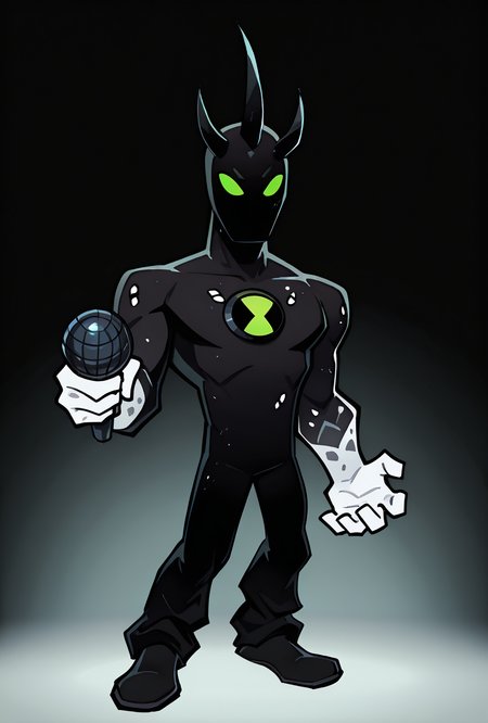 <lora:alienx-09:1> alienx, 1boy, green eyes, horns, matte black skin, upper body, dynamic pose, white hands, wide face, white spots on body,   <lora:17bucks_Style_Illustrious:1> 17bucks, gradient color, 2d, standing, holding microphone, full body ,, masterpiece, best quality, amazing quality, very aesthetic, absurdres, newest,