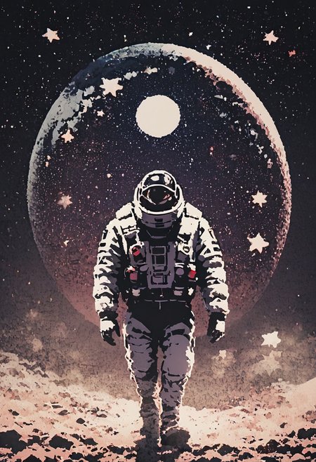 score_9, score_8_up, score_7_up, astronaut, walking on the moon, stars, galaxy, planets, dark background, front view, fog, cowboy shot, <lora:dcr34sed-c0l0ring-20:0.8>, dcr34sed_c0l0ring