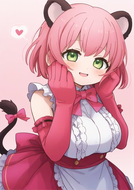 1girl, peach panther (kemono friends), huge breast, , apron, bare shoulders, blush, bow, bowtie, center frills, elbow gloves, frilled apron, frills, gloves, green eyes, hands on own cheeks, hands on own face, hands up, heart, looking at viewer, panther ears, panther tail, pantyhose, parted lips, pink bow, pink bowtie, pink gloves, pink hair, pink pantyhose, ribbon, shirt, short hair, sleeveless, sleeveless shirt, smile, solo, tail, tail ornament, tail ribbon, traditional bowtie, upper body, white shirt, handfixer <lora:HandFixer_pdxl_Incrs_v1:1>  <lora:ãã¾ã¡ã2doQ8:0.8>