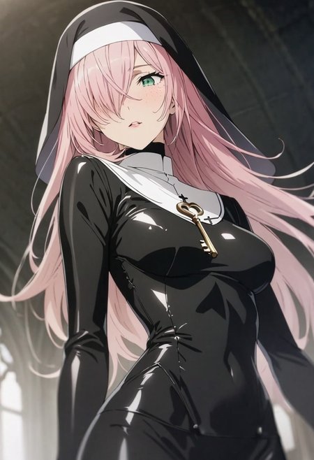 1woman, solo,  long hair, pink hair, black choker, green eyes, one eye covered by hair, eyeliner, gorgeous lips, tights, medium breasts
cinematic, (masterpiece), (best quality), (ultra-detailed), very aesthetic, illustration, detailed eyes, perfect eyes
freckles, aloof, <lora:Ch0w13nunPXL:0.5> ch0wb13nun, nun, cross, latex bodysuit, key visual, pixiv fanbox, skeb, (masterpiece:1.1)