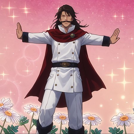 score_9, score_8_up, score_7_up, score_6_up, score_5_up, score_4_up, masterpiece, high quality, detailed
1man, long black hair, dark brown hair, huge mustache, pronounced cheekbones, long nose, thin eyebrows, white boots, brown eyes, (maroon-black cloak:1.1), broad chin, white uniform, close-up, full body, <lora:yhwach:1> 
 <lora:Jujutsu_meme_face:0.8> open mouth, arms outstretched, tilted torso, open hand gesture, leaning forward, one leg raised, pink gradient background, sparkles, bokeh effect, flowers, soft lighting