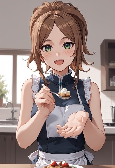 score_4,score_5,score_6,score_7_up,score_8_up,score_9 ((masterpiece,best quality,ultra detailed,highres,HD,4k:1.2)), 
1girl, solo,solo focus,girl focus,face focus,
brown hair, long hair, ponytail, sidelocks, green eyes,large breasts,
((Apron, sleeveless, exposed arms, exposed shoulders, frilly aprons:1.1)), upper body, pov,feeding,looking at viewer,feeding, food,incoming food, holding spoon, 
looking at viewer,blush,shy,smile,open mouth,