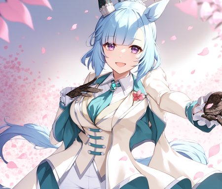 score_9, score_8_up, score_7_up, source_anime, 2D, anime BREAK
NE, 1girl, solo, purple eyes, 
looking at viewer, smile, open mouth, bangs, blue eyes, shirt, gloves, long sleeves, animal ears, medium breasts, blue hair, standing, purple eyes, jacket, tail, braid, :d, necktie, black gloves, collared shirt, pants, hair bun, official alternate costume, petals, formal, single hair bun, white jacket, horse ears, suit, outstretched arm, hand on own chest, horse girl, horse tail, white pants, reaching towards viewer, five_fingers, 
<lora:mejiro_ardan-ponyXL-000006:1>,