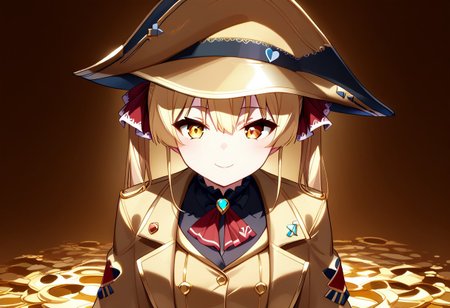 score_9, score_8_up, score_7_up, super aesthetic, rating:safe, rating:general, DeaverStyle, 1girl, solo, aua, red eyes, yellow eyes, heterochromia,  gold clothing, gold hat, fully-clothed, gloves, big coat, illustration, gold, cute, shiny skin, vivid colors, treasure room, gold treasure,