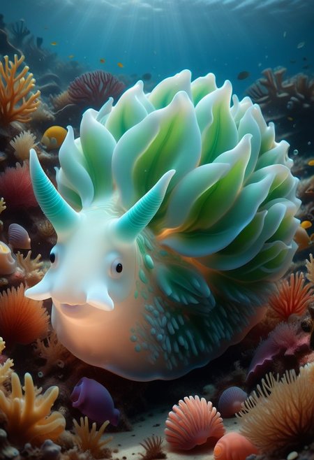 happy cow in the shape of a sea snail, tilted, glowing,translucent Subsurface Scattering ,at the bottom of the coral reef,aquatic vegetation,shells,underwater, 8k, leafsheep