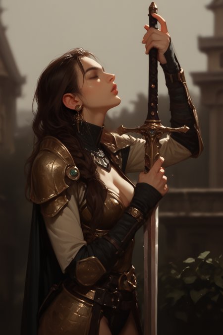 1girl, weapon, sword, solo, armor, holding, holding weapon, holding sword, earrings, cape, jewelry, blurry background, shoulder armor, brown hair, blurry, breasts, medium breasts, long hair, , lips, pauldrons, profile, science fiction, outdoors, from side, parted lips, artist name, zPDXL3, detailxl,  Score_PnyReal,