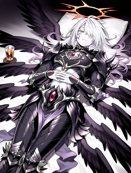 1boy, the first darklord, solo, facial tattoo, white skin, cup, red halo, lying, hair over one eye, closed mouth, male focus, angel, black angel wings, black armor, black armored boots, black breastplate, black pauldrons, black vambraces, purple pelvic curtain, multiple wings,
masterpiece,best quality,amazing quality,very aesthetic,absurdres,newest,<lora:The first DarkLord illusXL v1:0.77>,<lora:wai-2Rectified-V140:0.7>,